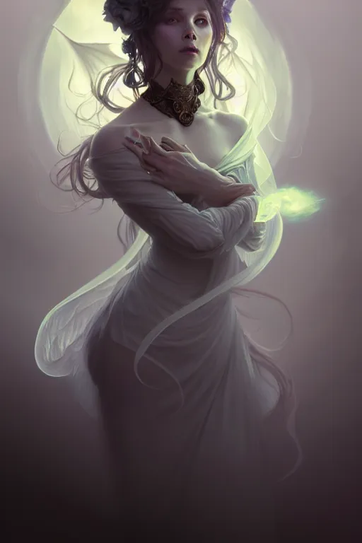 Image similar to photography alexey gurylev, ghostly ghost, mysterious, deep focus, d & d, fantasy, complex, elegant, highly detailed, digital painting, artstation, concept art, matte, clear focus, illustration, hearthstone, artgerm art, greg rutkovsky and alphonse mucha