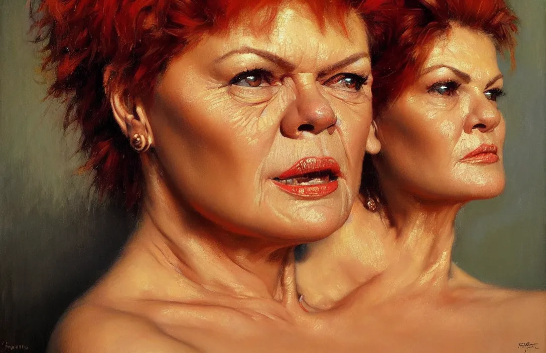 Image similar to portrait of pauline hanson!!!!!!!!!!!!!!!!!!!!!!!!!!!, detailed face, detailed painting, epic lighting, by ilya repin, phil hale and kent williams