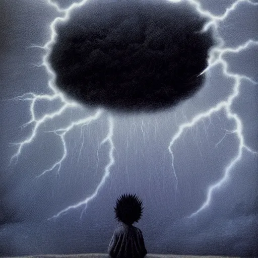 Prompt: killua zoldyck made by zdzisław beksinski, thunderstorm, 8 k, detailed, cinematic scene, rain, crying, cold scene, peace, think, siemavein, weird, epic,