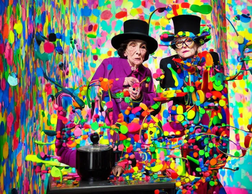 Prompt: a colorful installation artwork of a old and strange dusty professor in black suite and hat and a old woman making a study of drinking 1 0 cups of black coffee in 5 seconds in a kitchen that is melting, styled by jean tinguely and niki de saint phalle