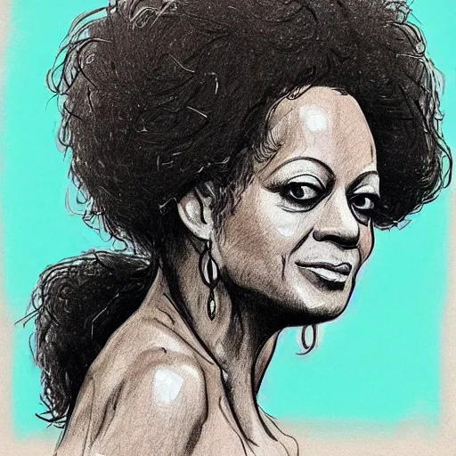 Prompt: a realistic yet scraggly portrait sketch of the side profile of a stern and sophisticated diana ross, trending on artstation, intricate details, in the style of frank auerbach, in the style of sergio aragones, in the style of martin ansin, in the style of david aja, in the style of mattias adolfsson