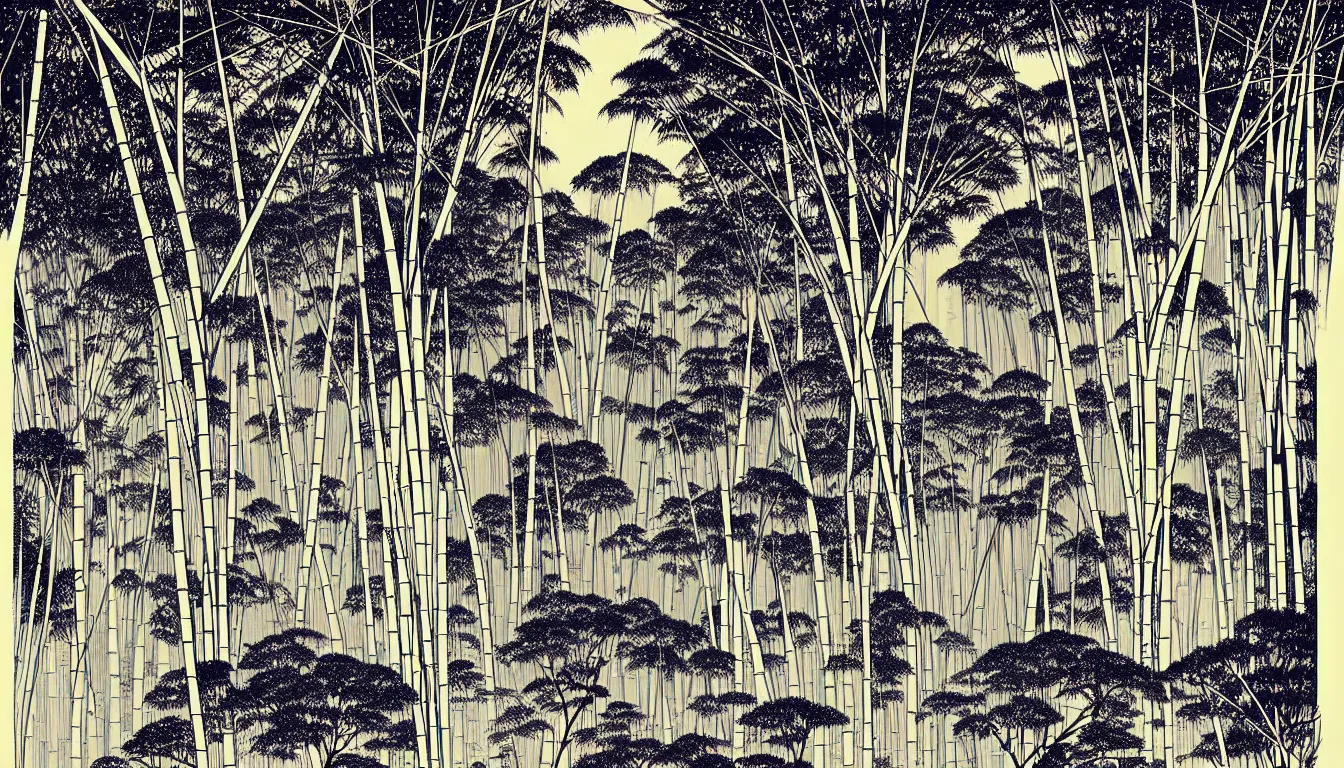 Image similar to bamboo and trees by woodblock print, nicolas delort, moebius, victo ngai, josan gonzalez, kilian eng