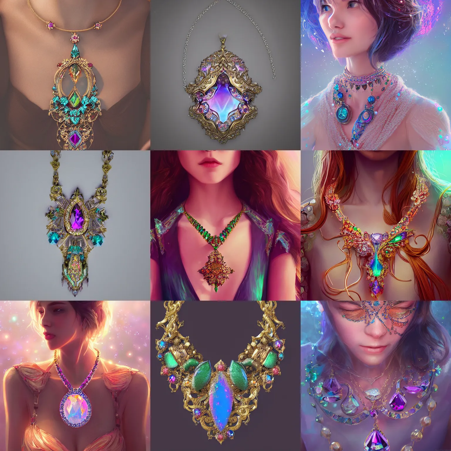 Prompt: an ornate jeweled crystal necklace, iridescent colors, magical atmosphere, highly detailed, octane render, photoreal, by WLOP, artstation, Rossdraws