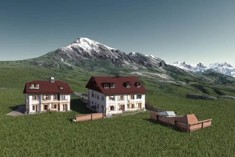 Image similar to modern fachwerk house settlement with Elbrus mountain on the background, architecture, 3d render 8k , matte painting, high details