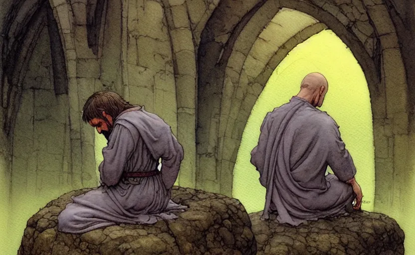 Image similar to a hyperrealist watercolour character concept art portrait of one small grey medieval monk kneeling in prayer. a giant flat rock floats in the air above him. it is a misty night. by rebecca guay, michael kaluta, charles vess and jean moebius giraud