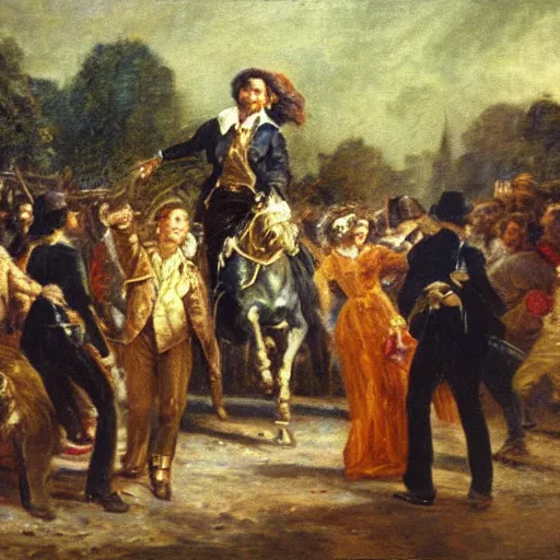 Prompt: highly detailed oil painting in the style of Delacroix of an early 20th century French writer exiting from a fantastical time machine made of polished gold metal and covered in flashing lights and monitors that has just appeared in the Luxembourg Gardens, Paris, 1973