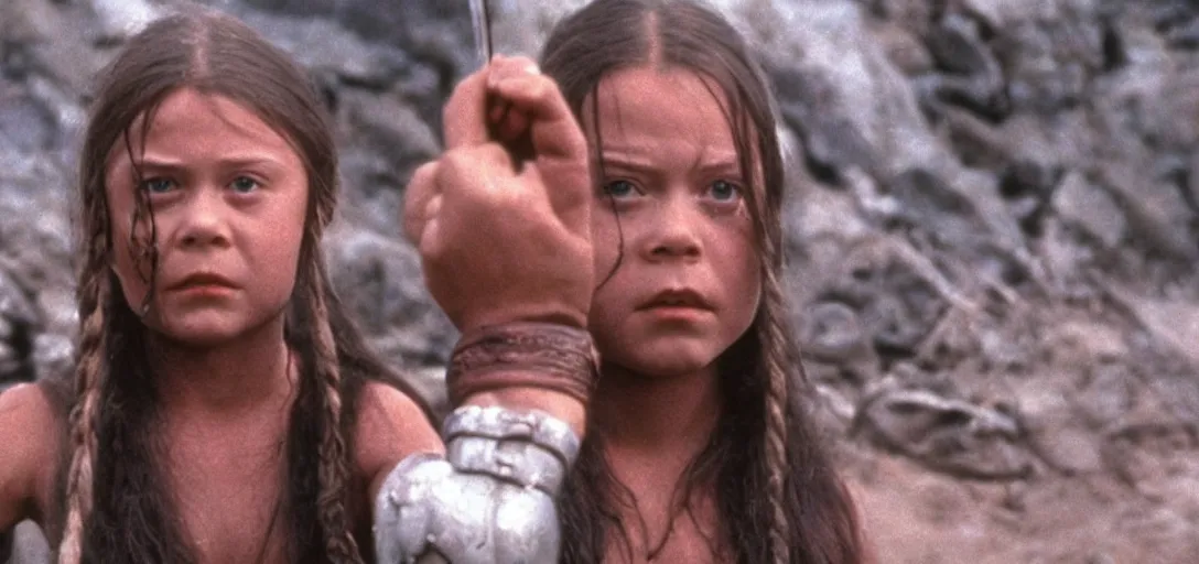 Image similar to still of greta thunberg as conan in conan the destroyer ( 1 9 8 4 )