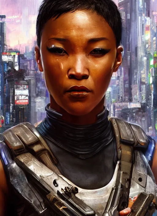 Prompt: black chun li wins. cyberpunk police trooper in a military vest ( blade runner 2 0 4 9, cyberpunk 2 0 7 7 ). orientalist portrait by john william waterhouse and james gurney and theodore ralli and nasreddine dinet, oil on canvas. cinematic, hyper realism, realistic proportions, dramatic lighting, high detail 4 k