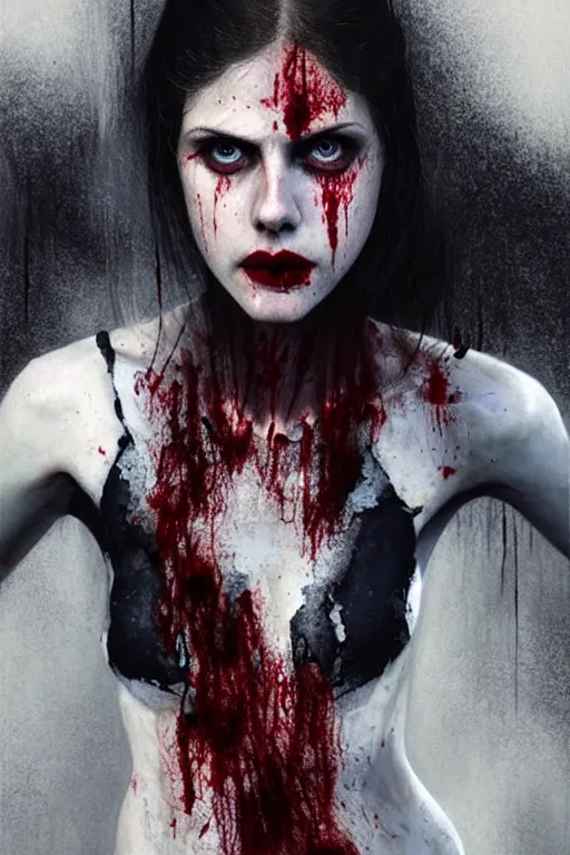 Image similar to pale woman!, covered with blood, alexandra daddario face!!, black dress made of black bones, long red hair, blue eyes, ultra realistic, concept art, intricate details, highly detailed, photorealistic, octane render, 8 k, unreal engine. retro film still, heavy grain, 3 5 mm, art by artgerm and greg rutkowski and alphonse mucha