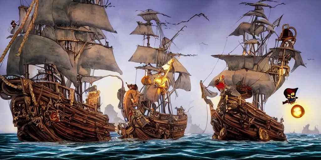 Image similar to The secret of Monkey Island, pirate monkeys ghost ship