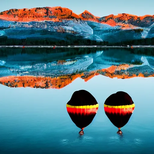 Image similar to photo of two black swans touching heads in a beautiful reflective mountain lake, a colorful hot air balloon is flying above reflecting off water, hot air balloon, intricate, 8k highly professionally detailed, centered, HDR, CGsociety