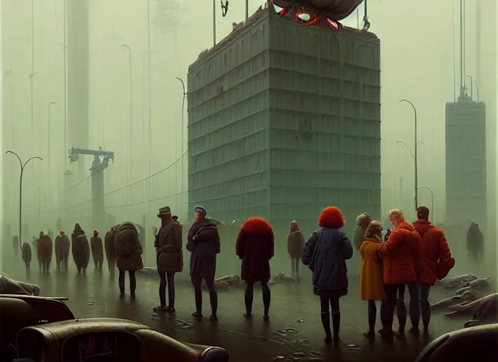 Prompt: waiting in line for cold soup by simon stalenhag and gil elvgren and tom bagshaw, rich vs poor, highly detailed, hyperrealism, dreary, cold, cloudy, grey, smog, high contrast, solarpunk