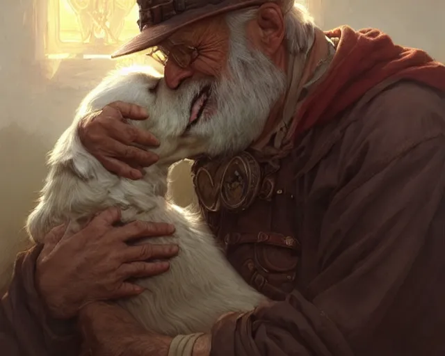 Prompt: old man hugging an old dog, deep focus, d & d, fantasy, intricate, elegant, highly detailed, digital painting, artstation, concept art, matte, sharp focus, illustration, hearthstone, art by artgerm and greg rutkowski and alphonse mucha