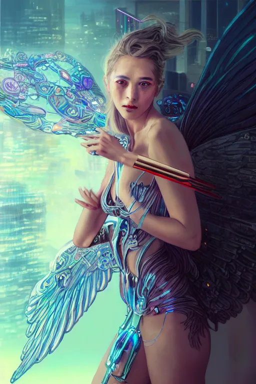 Prompt: portrait futuristic goddess angel Girl with wings and sword, in future cyberpunk tokyo rooftop , ssci-fi, fantasy, intricate, very very beautiful, elegant, human anatomy, human structure, neon light, highly detailed, digital painting, artstation, concept art, smooth, sharp focus, illustration, art by tian zi and WLOP and alphonse mucha