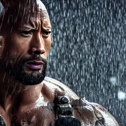 Image similar to Dwayne Johnson as samurai , under rain, dramatic, cinematic, an film still