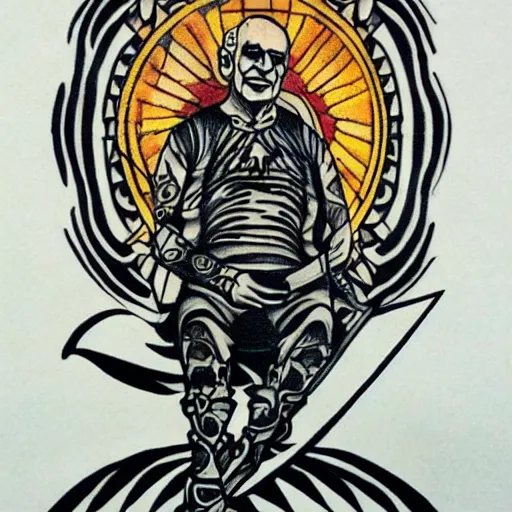Prompt: tattoo design, stencil, a tarot card, an old man resting on a sword, tarot