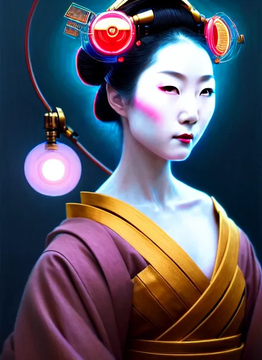 Image similar to beautiful japanese geisha wearing vr eyepiece, robotic, android, cyborg, cyberpunk face, steampunk, fantasy, intricate, elegant, highly detailed, colorful, vivid color, digital painting, cool warm volumetric lighting, artstation, concept art, art by artgerm and greg rutkowski and ruan jia,