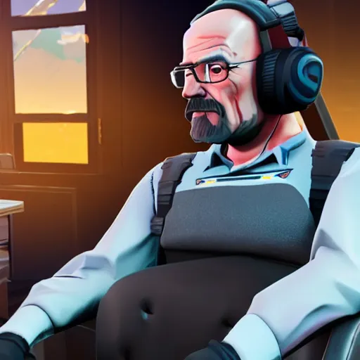 Image similar to real life gamer walter white on a gaming chair playing fortnite