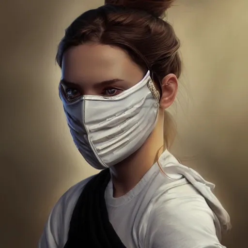 Image similar to 1 5 year old white girl with a white shirt that has one shoulder visible, wears black sports shorts and a golden mask on her face, intricate, highly detailed, digital painting, artstation, concept art, smooth, sharp focus, illustration, unreal engine 5, 8 k, art by artgerm and greg rutkowski and alphonse mucha