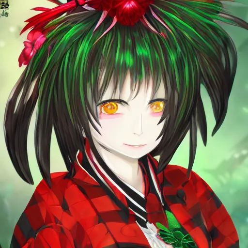 Prompt: An intimidating female flower plant youkai woman, Yuuka Kazami, with short wavy green hair and burning piercing red eyes, wearing a red plaid dress, 4k digital beautiful detailed Touhou character art portrait #touhou #東方Project