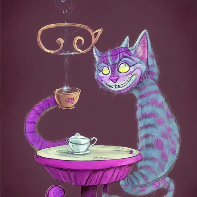 Image similar to cheshire cat drinking tea, by cory loftis, character art, art, very coherent, plain background, lighthearted, soft painting