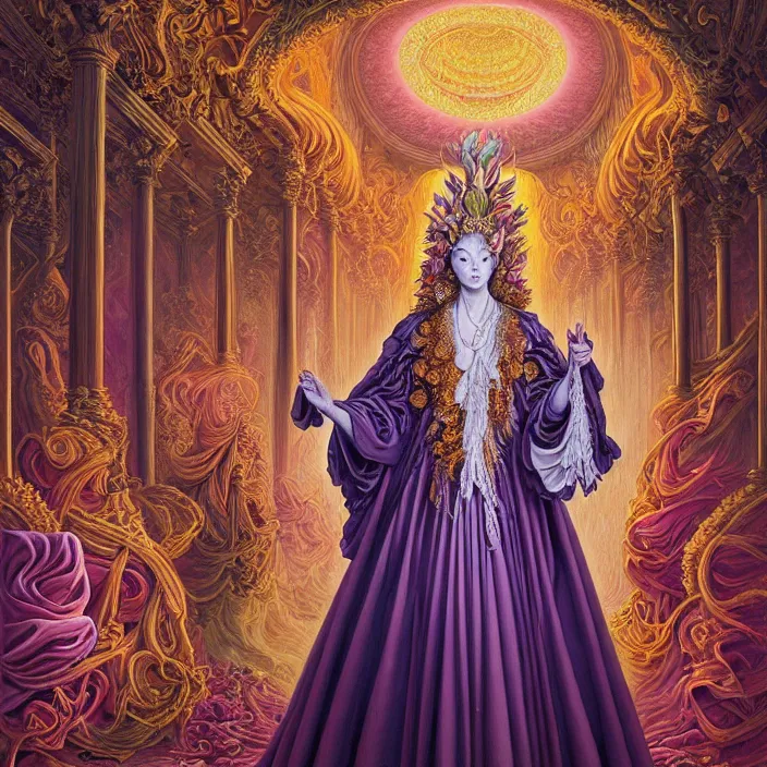 Image similar to beautiful oil painting, full length portrait of dauphinois in baroque coronation robes 1701, Dan Mumford, Dan Mumford, Alex grey, hyacinthe rigaurd, highly detailed , lsd visuals, dmt fractal patterns, hallucinogen, visionary art, psychedelic art, ornate, vaporwave, baroque, Greg rutkowski