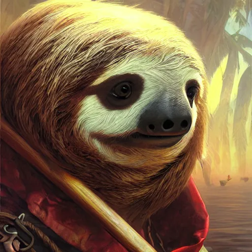 Image similar to Portrait of a Sloth as a Pirate, photo, highly detailed oil painting, photorealistic, highly detailed, digital painting, artstation, concept art, smooth, sharp focus, illustration, art by artgerm and greg rutkowski and alphonse mucha