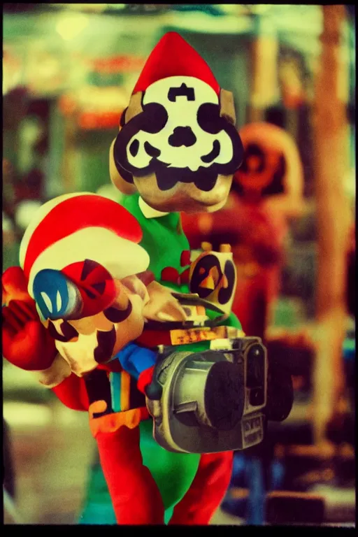 Image similar to 35mm photo of Mario from the video game Mario Bros., wearing a dia de los muertos mask light leaks, kodachrome