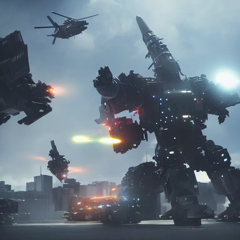 Image similar to Giant police mech fires rockets at helicopter, color, cinematic lighting, highly detailed, octane render