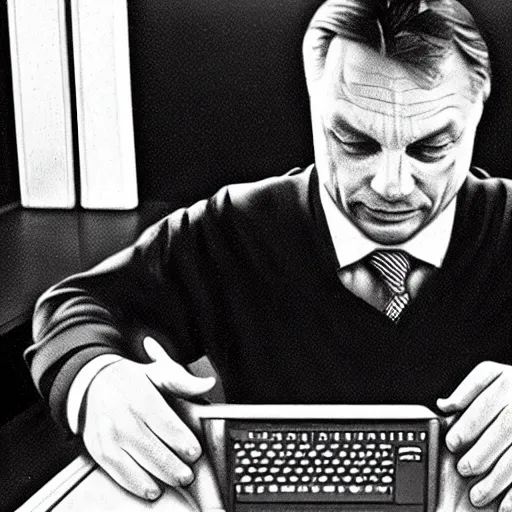 Image similar to viktor orban programming a vintage computer in a cubicle, oil painting