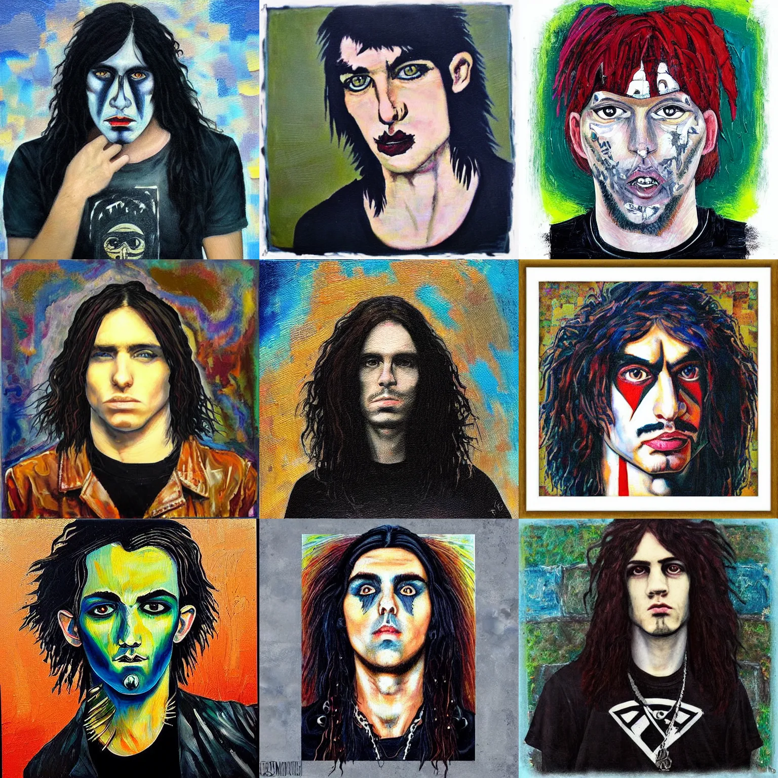 Prompt: “beautiful punk rocker young man with long dark hair and pretty eyes wearing a rock band tee shirt, as painted by vincent van goth, impasto, symmetrical face, symmetrical eyes”