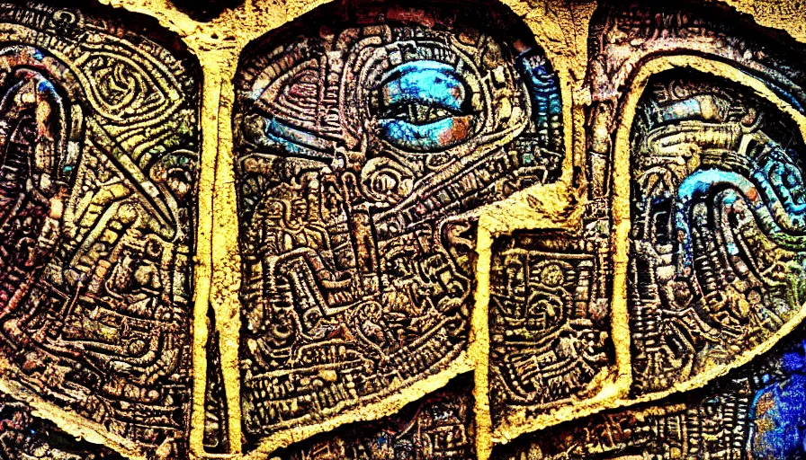 Prompt: h. r. giger hieroglyphs, sorrow intense likely, acid neochrome rainbow gold chrome metal metallic, sense of decay given, throw into the abyssal despair, various refining techniques, micro macro auto focus, top photography photo art gallery, realistic photo, insane detail