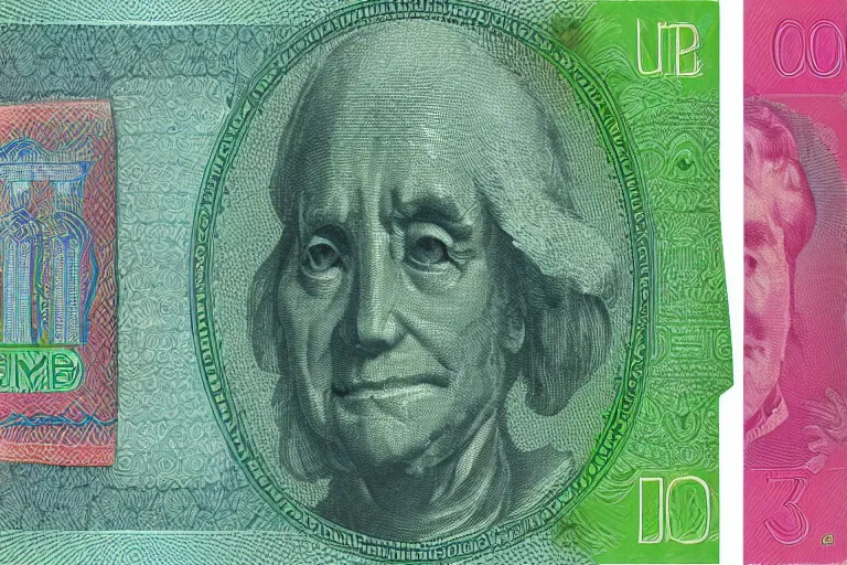 Image similar to currency design like a dollar bill and euro, greenish blue + iridescent, with the design of an alien dignitary printed on currency paper, strange alien currency symbols printed, highly detailed, realistic, octane render