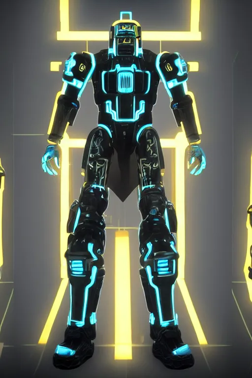 Prompt: highly detailed tron themed fallout 4 power armor, realistic cgi render, unreal engine,