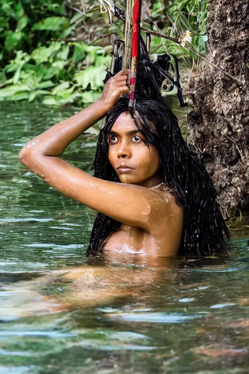 Image similar to a professional portrait photo of a sri lankan jungle woman, submerged in water, black hair, hunter, with bow and arrow, extremely high fidelity, natural lighting