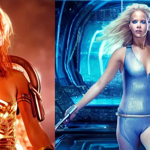 Prompt: still of Jennifer Lawrence as Leelu Dallas in a remake of The Fifth Element (2029)