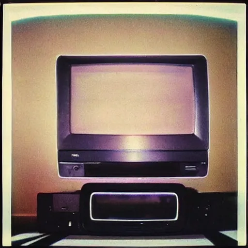 Image similar to a living room in 1982 A square CRT TV is on, with Netflix on the screen!!!!! The only light in the room is the light from TV. Polaroid photograph