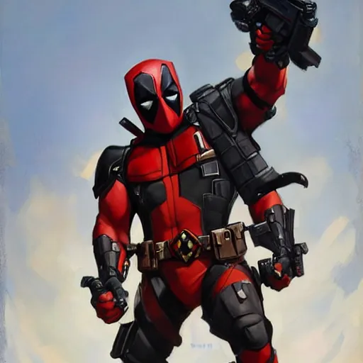 Image similar to greg manchess portrait painting of armored deadpool as overwatch character, medium shot, asymmetrical, profile picture, organic painting, sunny day, matte painting, bold shapes, hard edges, street art, trending on artstation, by huang guangjian and gil elvgren and sachin teng