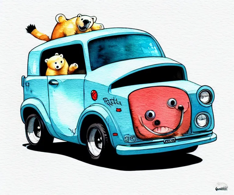 Prompt: cute and funny, polar bear driving a tiny black hot rod with an oversized engine, ratfink style by ed roth, centered award winning watercolor pen illustration, isometric illustration by chihiro iwasaki, edited by craola, tiny details by artgerm and watercolor girl, symmetrically isometrically centered