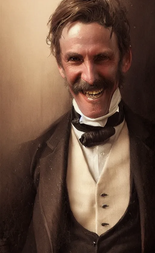 Prompt: portrait of a smiling victorian man wearing a waistcoat, happy, detailed face, victorian, highly detailed, cinematic lighting, digital art painting by greg rutkowski