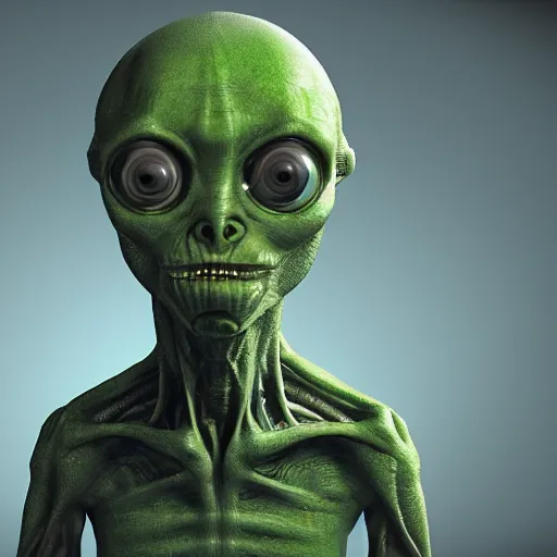 Image similar to an alien with big eyes and a green body, a computer rendering by David Firth, cgsociety, neo-figurative, polycount, zbrush, rendered in maya