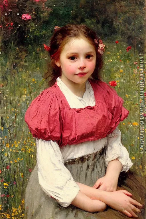 Prompt: Solomon Joseph Solomon and Richard Schmid and Jeremy Lipking victorian genre painting portrait painting of a smiling young village girl in an open field of flowers, red background