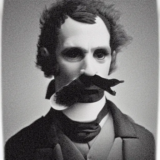 Image similar to A photograph portrait of Jerma985 with a pyramidal mustache in the early 1800s, taken in the early 1800s, 1840s, grainy, taken on a Field View Camera, realistic, hyperrealistic, very realistic, highly detailed, very detailed, extremely detailed, detailed, digital art, trending on artstation