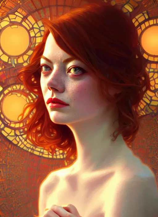 Image similar to portrait of emma stone, intricate, elegant, glowing lights, highly detailed, digital painting, artstation, glamor pose, concept art, smooth, sharp focus, illustration, art by wlop, alphonse mucha and greg rutkowski