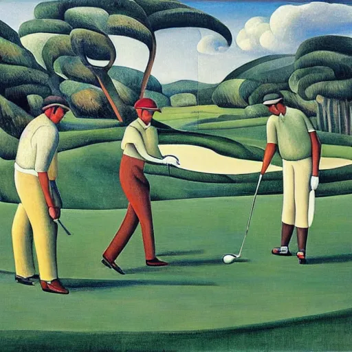 Image similar to Three golfers on a beautiful golf course, by Diego Rivera