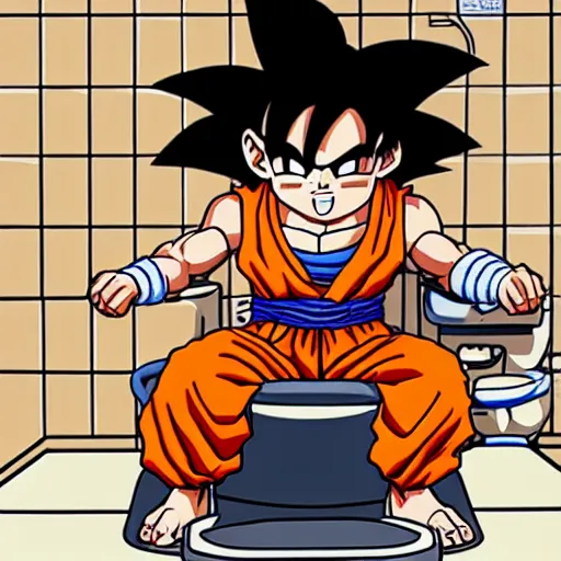 Image similar to highly detailed pen and ink shonen jump son goku sitting on toilet seat powering up illustrated by constipated akira toriyama