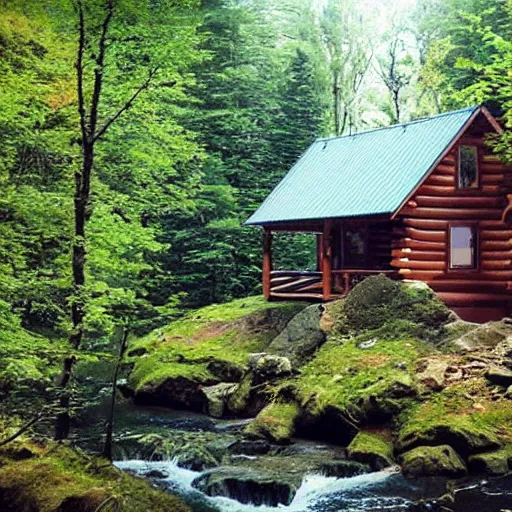 Prompt: “log cabin by waterfall”
