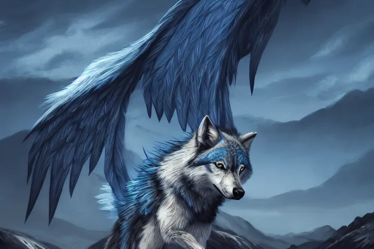 Prompt: Blue feathered wolf with wings on a beautiful fantasy landscape, hills, mountains, moonlit, HD, illustration, epic, D&D, fantasy, intricate, elegant, highly detailed, digital painting, artstation, concept art, smooth, sharp focus, illustration, art by XIAODI JIN