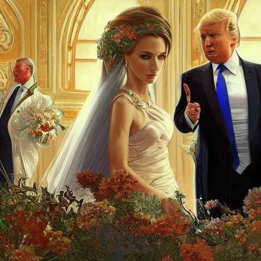 Image similar to vladimir putin marrying donald trump, elegant, highly detailed, digital painting, artstation, concept art, smooth, sharp focus, illustration, art by artgerm and greg rutkowski and alphonse mucha