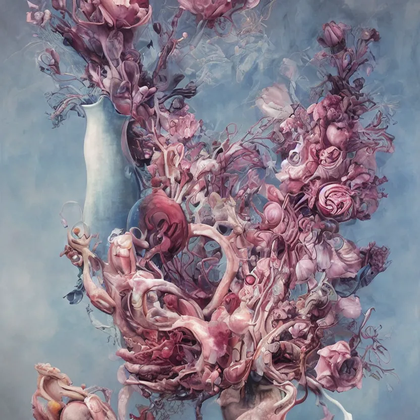 Image similar to a biomorphic painting of a vase with flowers and eyeballs in it, a surrealist painting by Marco Mazzoni, by Peter Mohrbacher, by Dorothea Tanning, pastel blues and pinks, featured on artstation, metaphysical painting, oil on canvas, fluid acrylic pour art, airbrush art,